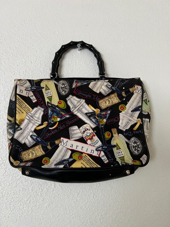 Prezzo Handbags - Martini Print Black Tote Bag with Bamboo Plastic Handles